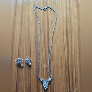 Avon Silver Pearl Drop Necklace with Clip-On Earrings